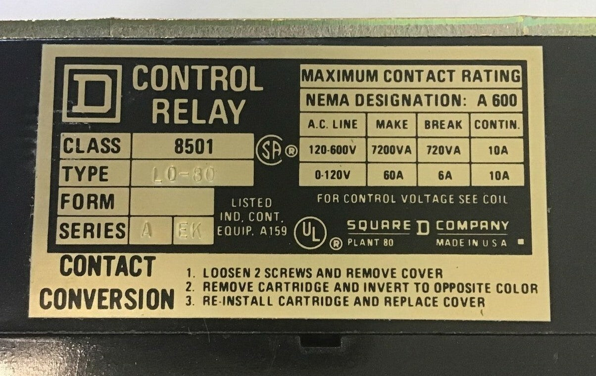 SQUARE D 8501 LO-80-LL AC MECHANICAL LATCH RELAY SER.A 120-60/110-50