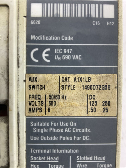 CUTLER HAMMER HMCP030H1CA02 CIRCUIT BREAKER 30A 600VAC 3P A1XILB AUX SWITCH