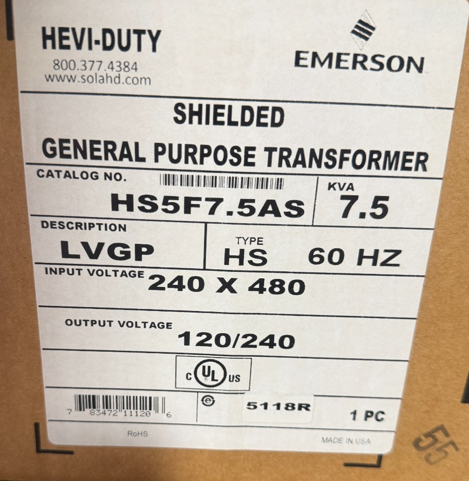 EMERSON HS5F7.5AS HEVI-DUTY TRANSFORMER 7.5KVA 60HZ 240-480V
