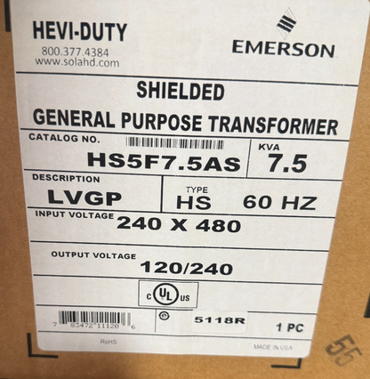EMERSON HS5F7.5AS HEVI-DUTY TRANSFORMER 7.5KVA 60HZ 240-480V