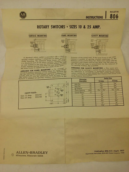 ALLEN BRADLEY 806-C102 SER. A, ROTARY PILOT SWITCH, 10A @ 600VAC,1A @ 115VDC,10P