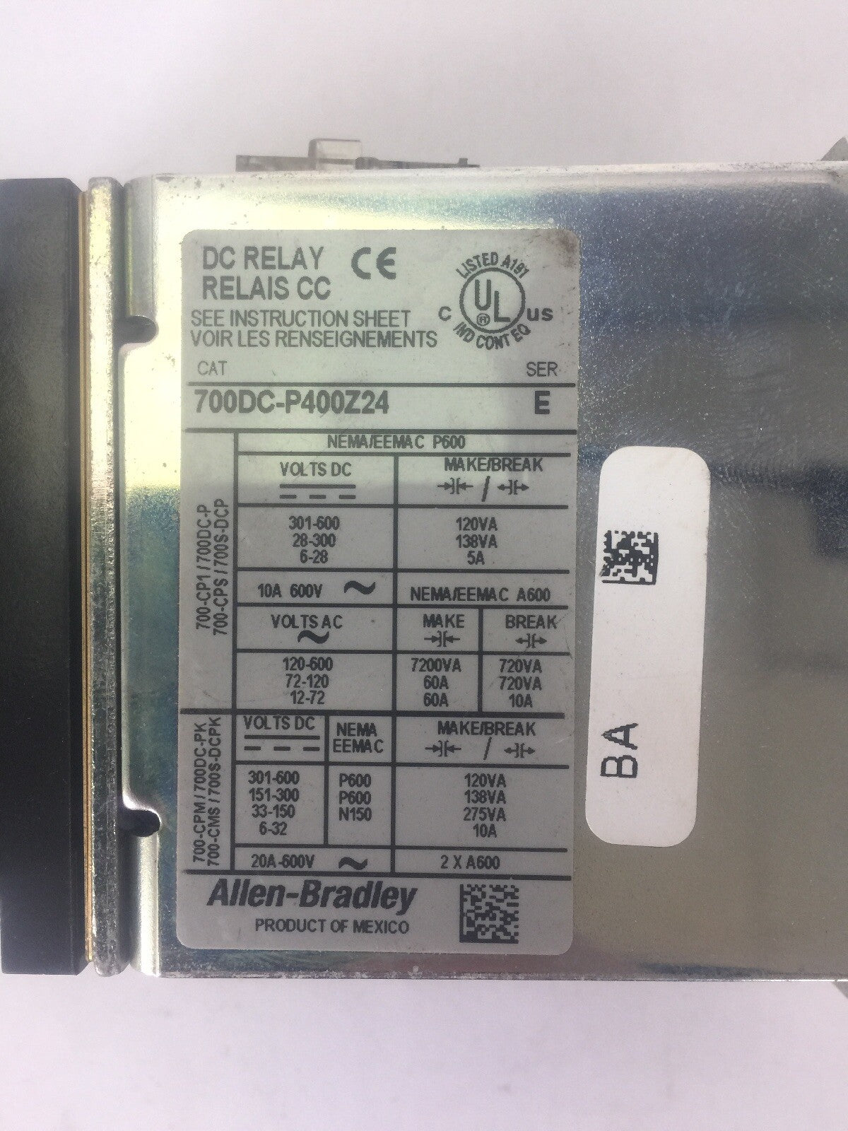 ALLEN BRADLEY 700DC-P400Z24 DC RELAY SER E 600V PD714 COIL 24VDC BULLETIN 700DC