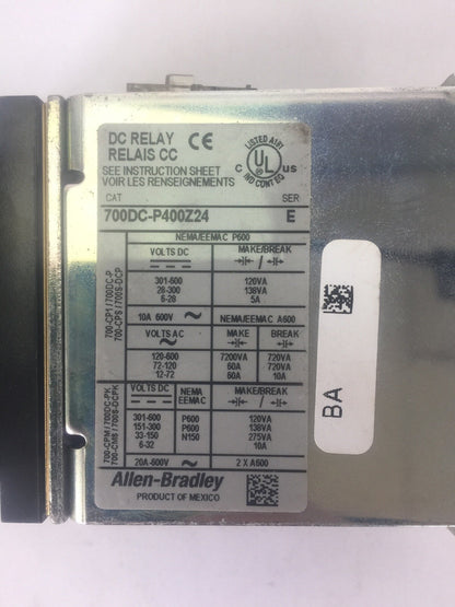 ALLEN BRADLEY 700DC-P400Z24 DC RELAY SER E 600V PD714 COIL 24VDC BULLETIN 700DC