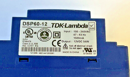 TDK-LAMBDA DSP60-12 POWER SUPPLY 240VAC 63HZ 1500MA 12VDC 54W
