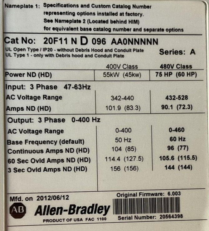 ALLEN BRADLEY 20F11ND096AA0NNNNN POWERFLEX 753 AC DRIVE FW 6.003 SER A **PARTS**
