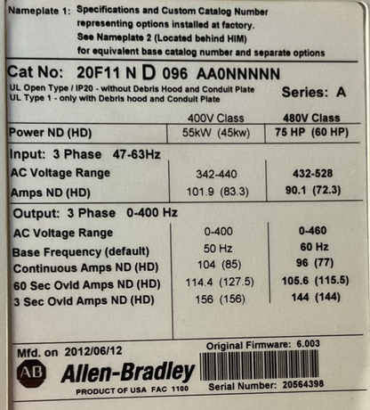 ALLEN BRADLEY 20F11ND096AA0NNNNN POWERFLEX 753 AC DRIVE FW 6.003 SER A **PARTS**