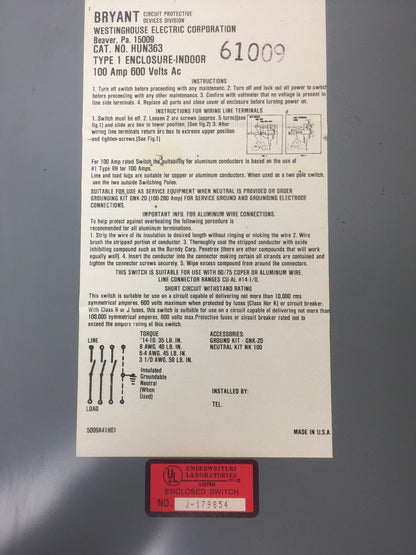 WESTINGHOUSE HUN363 HEAVY DUTY SAFETY SWITCH 100AMP 600VAC 75HP TYPE 1 ENCLOSURE