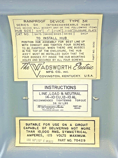 WADSWORTH ELECTRIC - RN30 - RAINPROOF ENCLOSED SWITCH - 2 POLE, 30A, 125 VAC, 3R