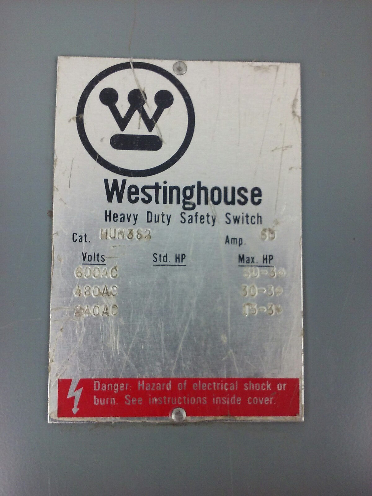 WESTINGHOUSE, HUN362, SAFETY SWITCH, 60A, 600V, 3P, TYPE 1 INDOOR, MISSING PARTS