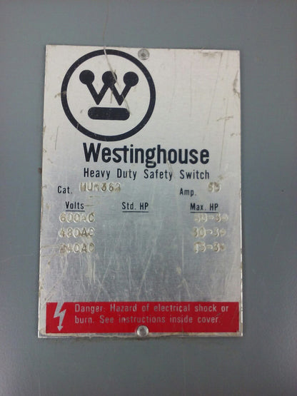 WESTINGHOUSE, HUN362, SAFETY SWITCH, 60A, 600V, 3P, TYPE 1 INDOOR, MISSING PARTS