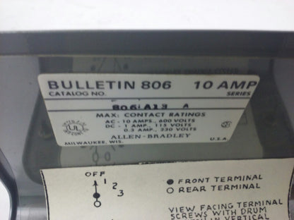 ALLEN BRADLEY 806-A13 SER. A, ROTARY PILOT SWITCH,1P 3 THROW WITH OFF POSITION,