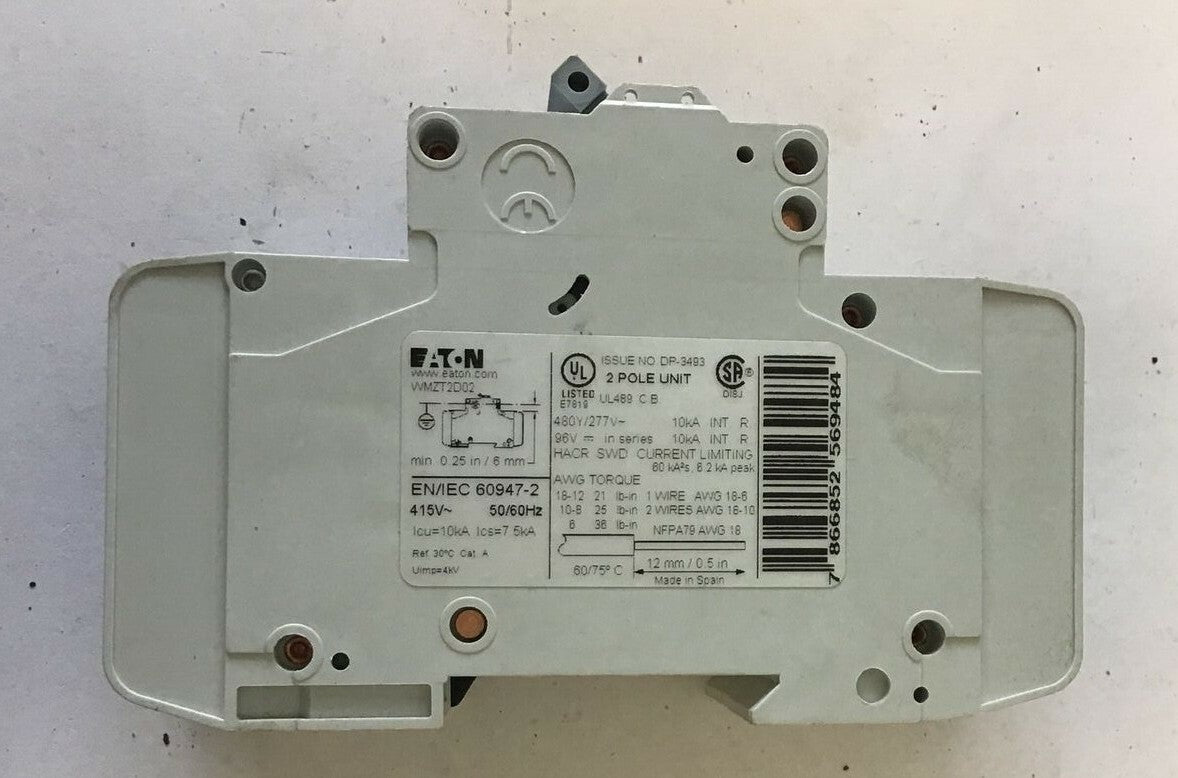 EATON WMZT2D02 CIRCUIT BREAKER 2A 480Y/277VAC 10KA 2POLE 50/60HZ***LOTOF3***