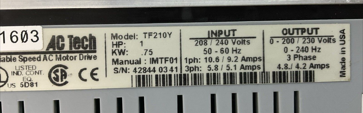 AC TECH TF210Y VARIABLE SPEED AC MOTOR DRIVE 1HP .75KW OUTPUT 230V 3PH 4.2AMP