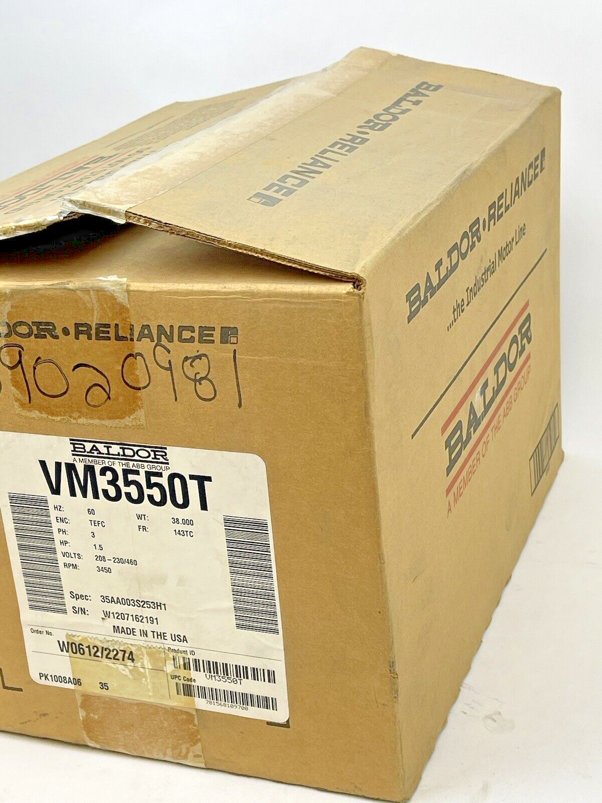 BALDOR RELIANCE - VM3550T - 3 PHASE INDUSTRIAL MOTOR 1.5HP 230/460V 2/1A 3600RPM