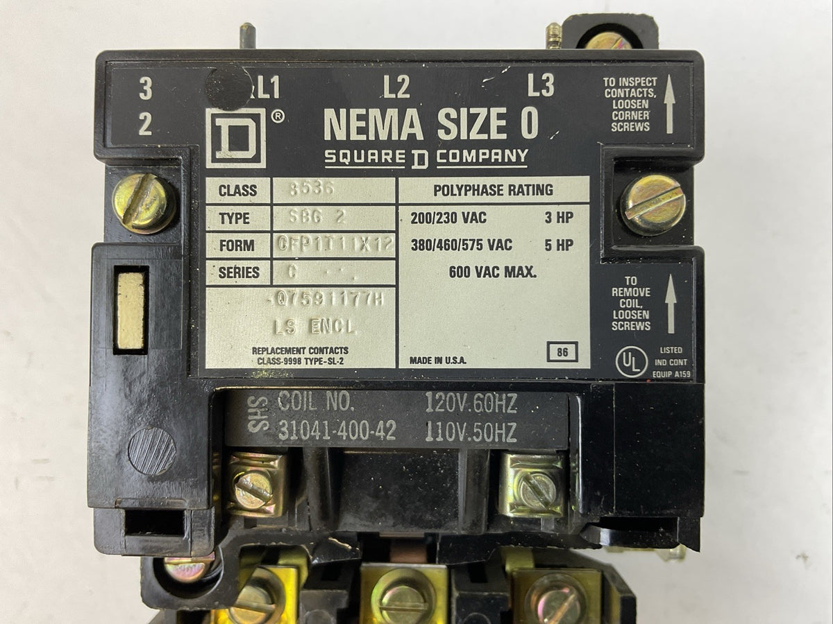 SQUARE D 8536SBG2 SIZE 0 STARTER 600VAC 5HP B14 HEATERS 31041-400-42 COIL 120V