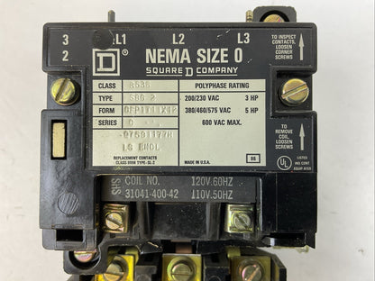 SQUARE D 8536SBG2 SIZE 0 STARTER 600VAC 5HP B14 HEATERS 31041-400-42 COIL 120V