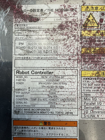DENSO RC7M-VPG5/6CA-BP ROBOT CONTROLLER SOFTWARE VER 2.704M 3PH 200-230VAC 1KVA