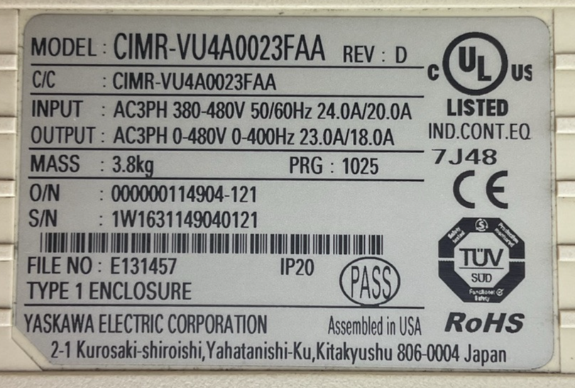 YASKAWA CIMR-VU4A0023FAA REV D V1000 AC DRIVE OUTPUT AC3PH 0-480V 23.0A/18.0A
