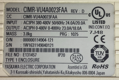 YASKAWA CIMR-VU4A0023FAA REV D V1000 AC DRIVE OUTPUT AC3PH 0-480V 23.0A/18.0A