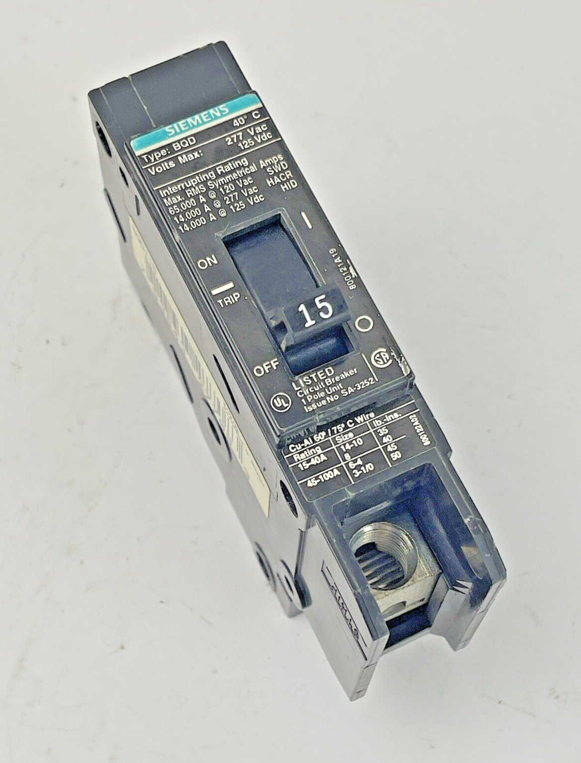 SIEMENS - BQD115 - CIRCUIT BREAKER - 1 POLE, 15A, 277 VAC, TYPE BQD