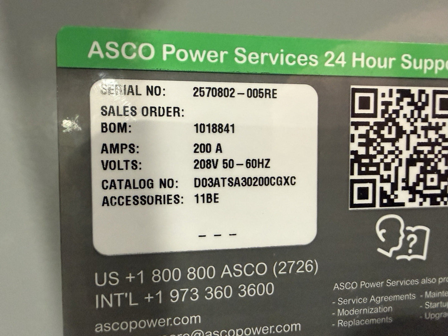 ASCO D03ATSA30200CGXC 200A 208V  3P AUTOMATIC TRANSFER SWITCH 50-60HZ