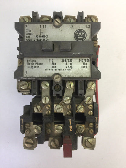 WESTINGHOUSE A200M1CX SIZE 1 STARTER 27A 600VAC 10HP 276A143G09