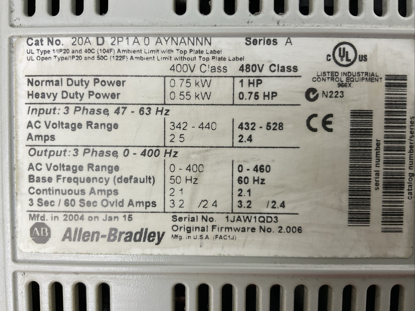 ALLEN BRADLEY 20AD2P1A0AYNANNN SER A FW 2.006 AC DRIVE