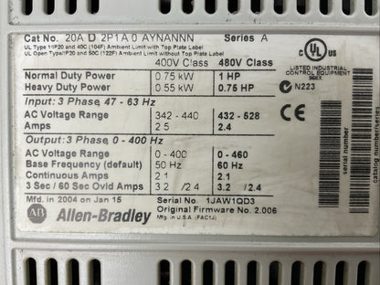 ALLEN BRADLEY 20AD2P1A0AYNANNN SER A FW 2.006 AC DRIVE