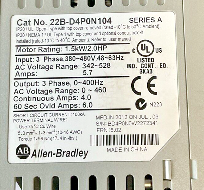 ALLEN BRADLEY 22B-D4P0N104 AC DRIVE SER.A 1.5KW 2.0HP 3PH 480VAC 63HZ 5.7AMPS
