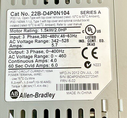 ALLEN BRADLEY 22B-D4P0N104 AC DRIVE SER.A 1.5KW 2.0HP 3PH 480VAC 63HZ 5.7AMPS
