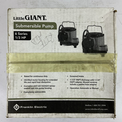 LITTLE GIANT 6-CIA SUMP PUMP 6 SERIES 1/3HP 46GPM @ 5FT/18FT MAX 115VAC 9.0A