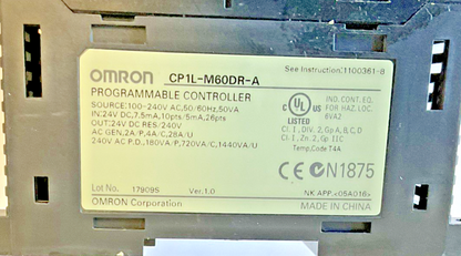 OMRON CP1L-M60DR-A PROGRAMMABLE CONTROLLER VER.1.0 240VAC 50/60HZ 50VA 24VDC