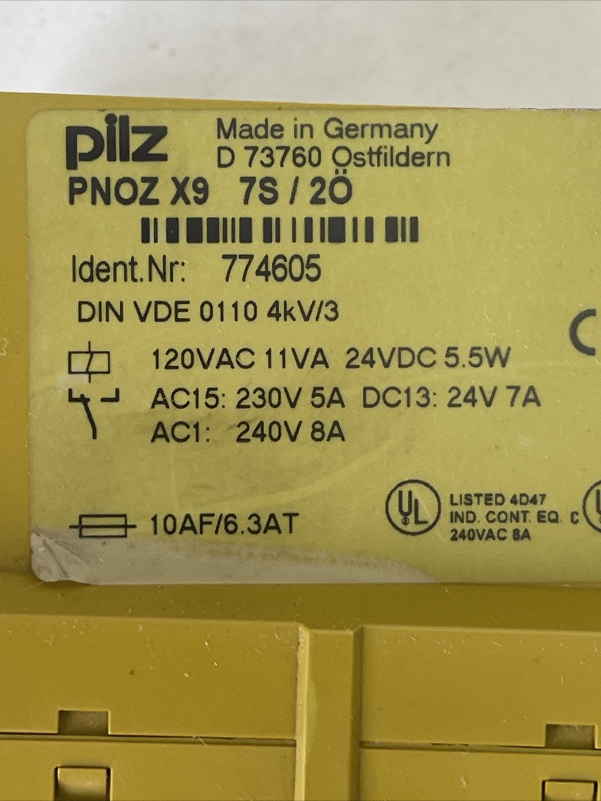 PILZ PNOZ X9 7S/2O SAFETY RELAY 120VAC 11VA 24VDC 5.5W AC15:230V 5A DC13:24V 7A
