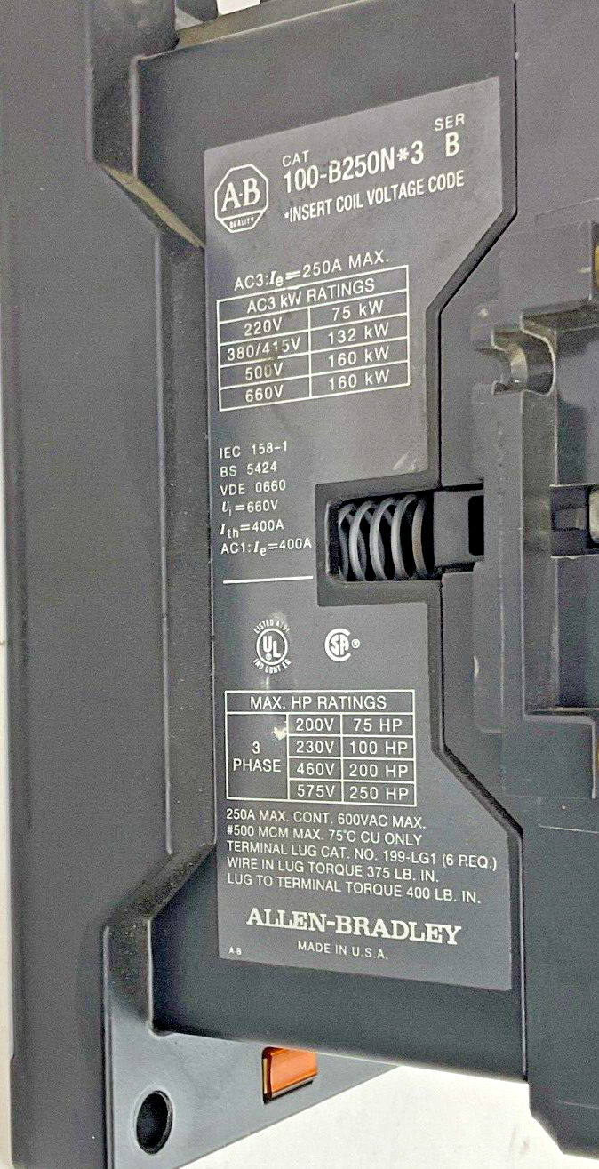 ALLEN BRADLEY 100-B250N*3 CONTACTOR SER.B,AUX CONTACT 195-GA10, COIL GG473