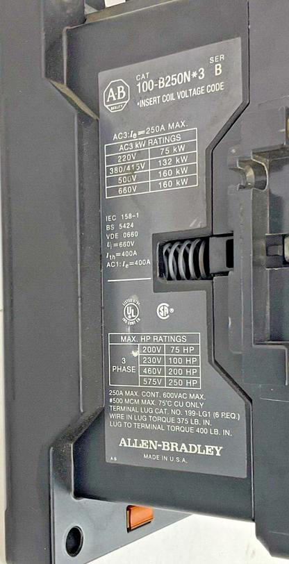 ALLEN BRADLEY 100-B250N*3 CONTACTOR SER.B,AUX CONTACT 195-GA10, COIL GG473