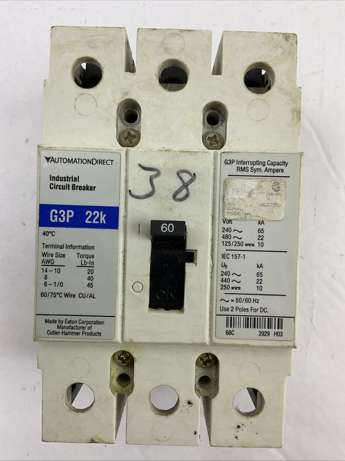AUTOMATIONDIRECT G3P 22K 60AMP INDUSTRIAL CIRCUIT BREAKER 3P 125/250VDC 480VAC