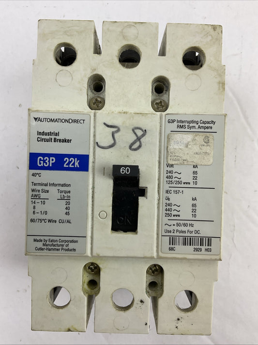 AUTOMATIONDIRECT G3P 22K 60AMP INDUSTRIAL CIRCUIT BREAKER 3P 125/250VDC 480VAC