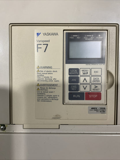 YASKAWA CIMR-F7U4075 AC DRIVE OUTPUT 3PH 0-480VAC HD 150A 110kVA ND 156A 120kVA