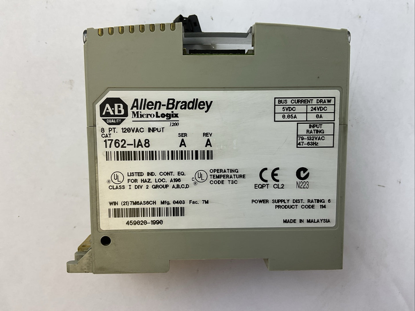 ALLEN BRADLEY 1762-IA8 SER A REV A MICROLOGIX 8PT 120VAC INPUT MODULE
