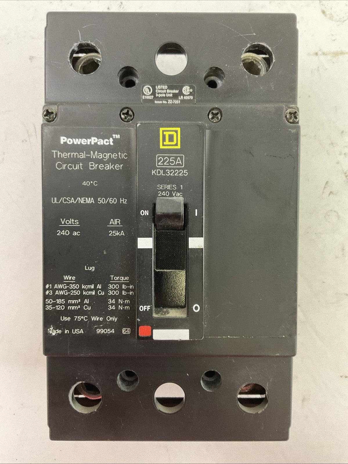 SQUARE D KDL32225  225A 240VAC/25kA  SER 1  THERMAL MAGNETIC CIRCUIT BREAKER