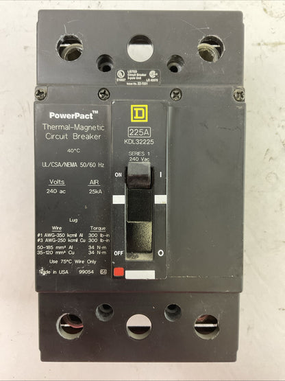 SQUARE D KDL32225  225A 240VAC/25kA  SER 1  THERMAL MAGNETIC CIRCUIT BREAKER