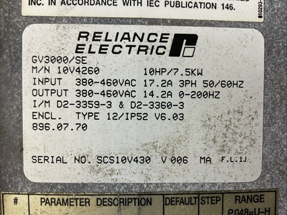 RELIANCE ELECTRIC 10V4260 AC DRIVE 10HP / 7.5KW OUTPUT 380-460VAC 14.2A