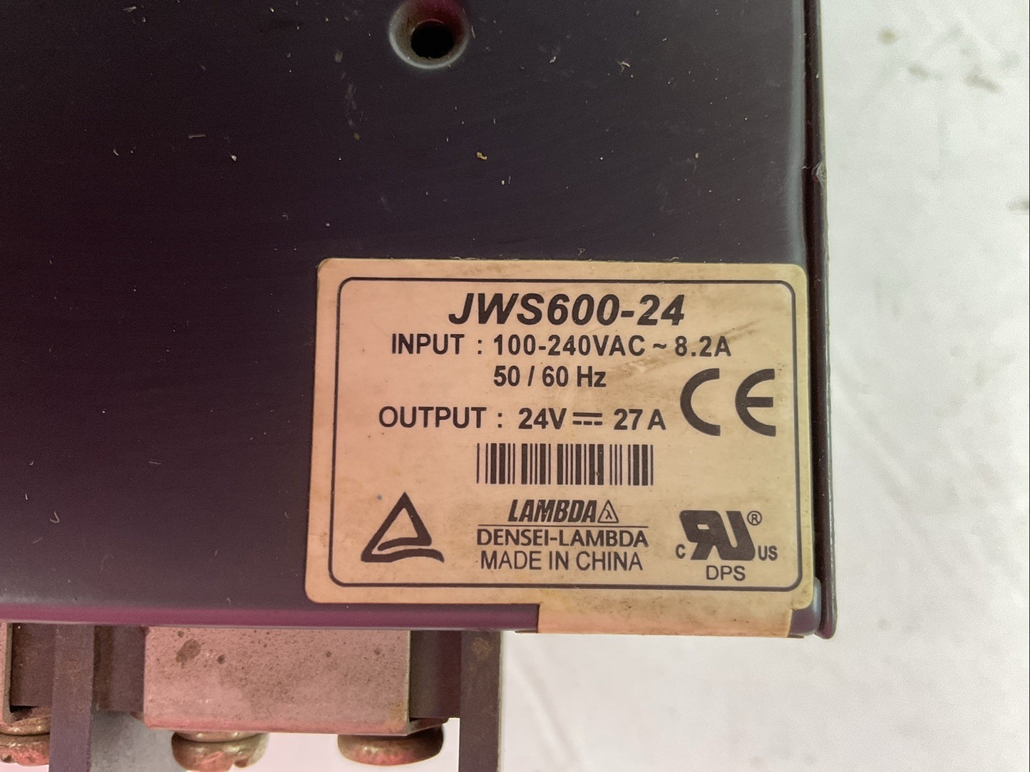 LAMBDA JWS600-24 POWER SUPPLY OUTPUT 24VDC 27A INPUT 100-240VAC 8.2A 50/60HZ