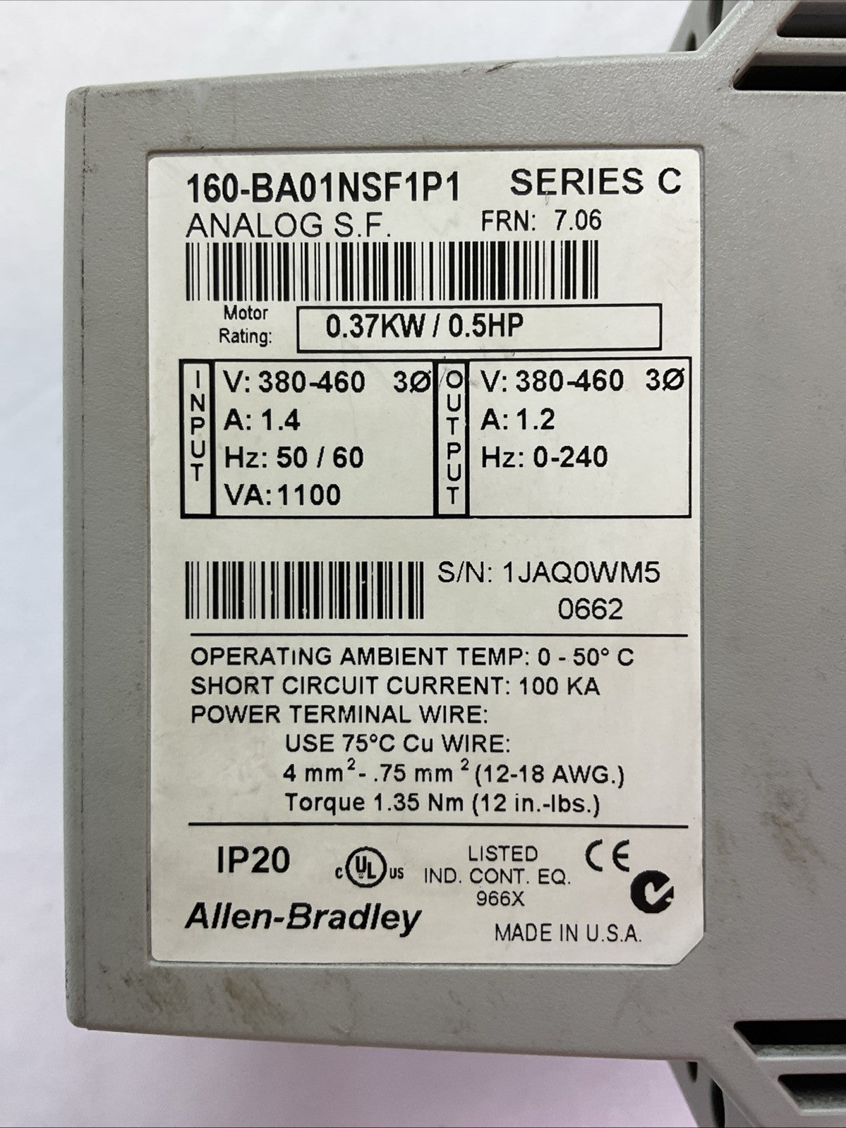 ALLEN BRADLEY 160-BA01NSF1P1 SER C FRN 7.06 VARIABLE SPEED DRIVE 0.37KW/0.5HP