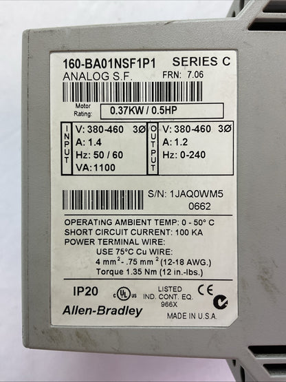 ALLEN BRADLEY 160-BA01NSF1P1 SER C FRN 7.06 VARIABLE SPEED DRIVE 0.37KW/0.5HP