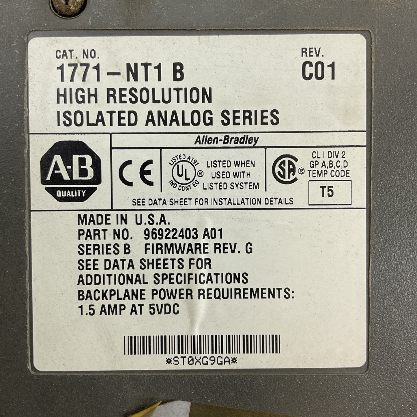 ALLEN BRADLEY 1771-NT1 REV C01 HIGH RESOLUTION ISOLATED ANALOG SER B FW REV G