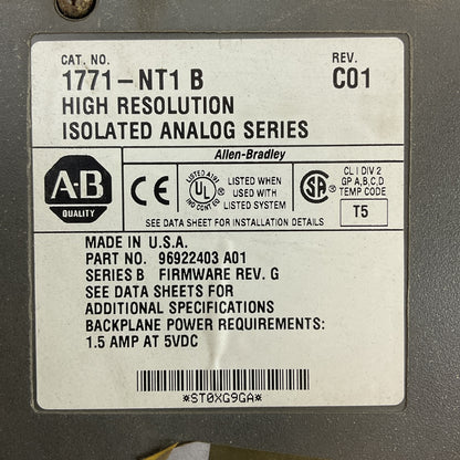 ALLEN BRADLEY 1771-NT1 REV C01 HIGH RESOLUTION ISOLATED ANALOG SER B FW REV G