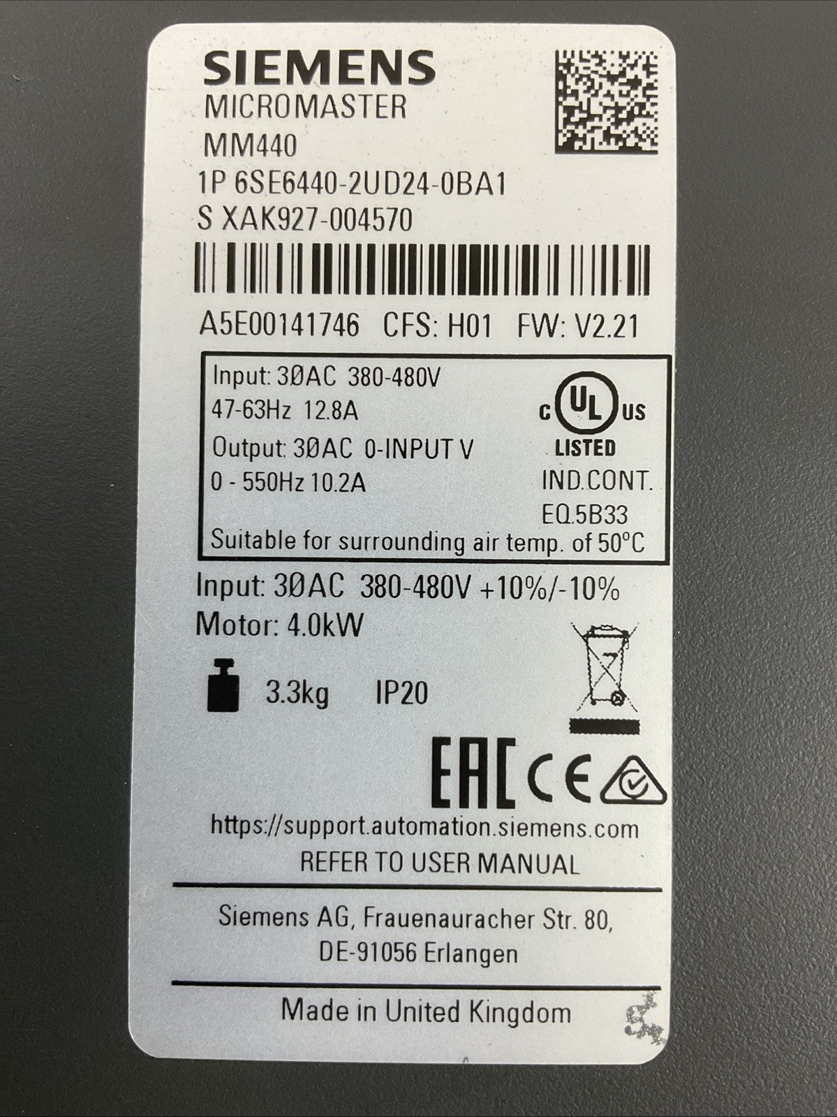SIEMENS MICROMASTER MM440 1P 6SE6440-2UD24-0BA1 CFS: H01 FW: V2.21 AC DRIVE