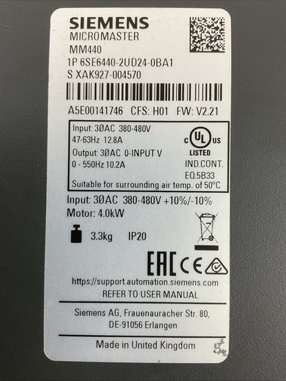SIEMENS MICROMASTER MM440 1P 6SE6440-2UD24-0BA1 CFS: H01 FW: V2.21 AC DRIVE