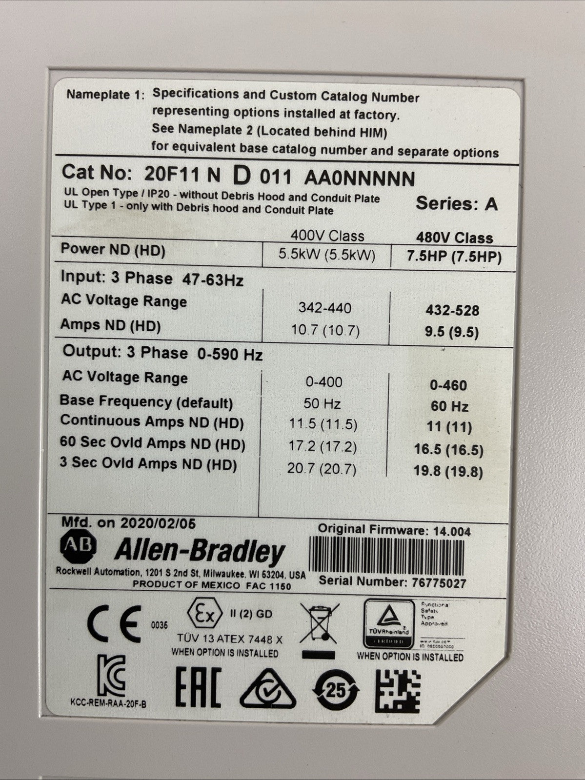 ALLEN BRADLEY 20F11 N D 011 AA0NNNNN SER A FIRMWARE 14.004 AC DRIVE 5.5kW 7.5HP